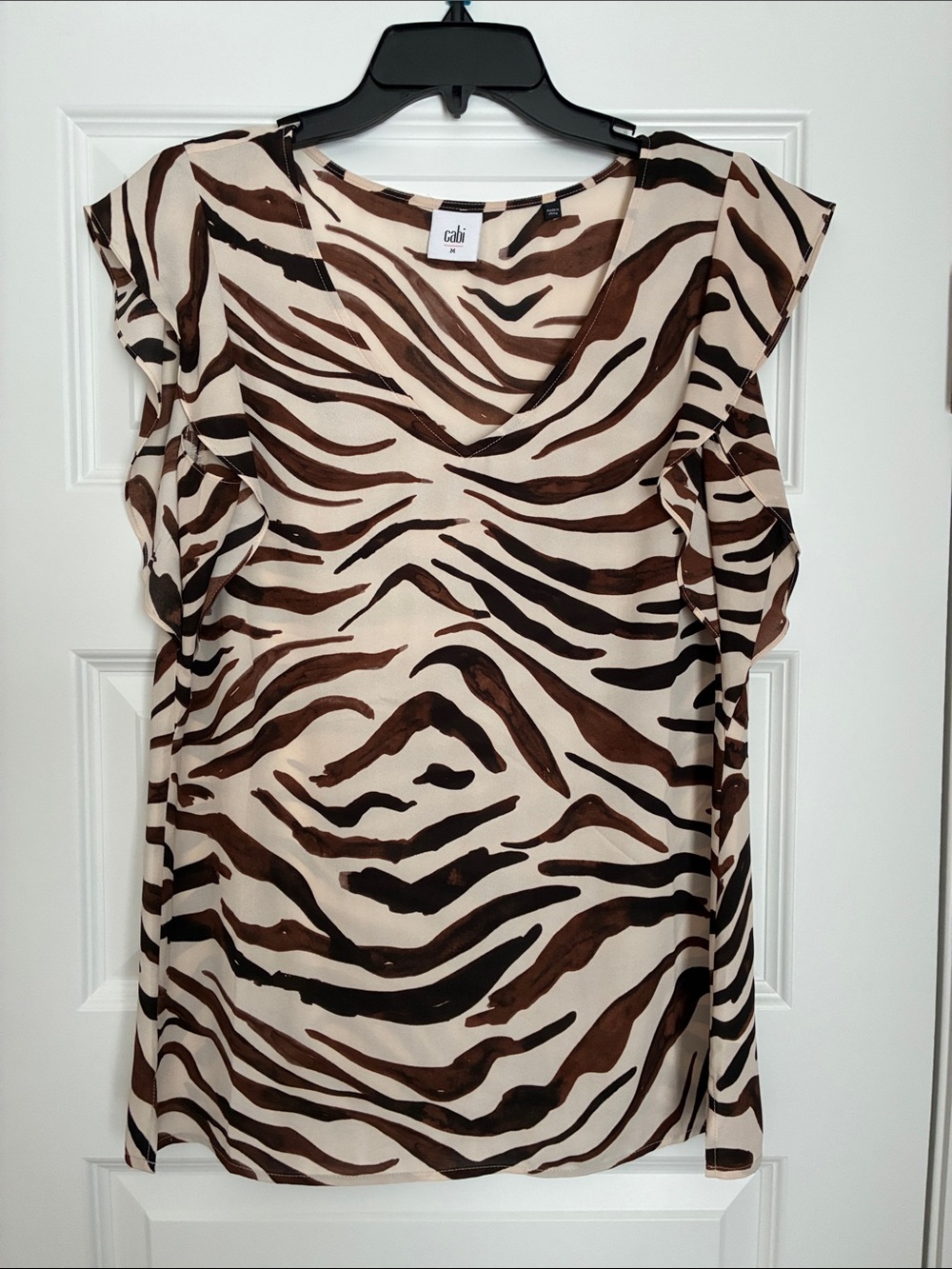 CAbi Zebra-Print V-Neck Flutter Sleeve Top in Cream and Brown